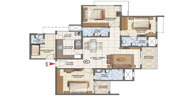 3 BHK Floor Plan in Sattva Hamlet